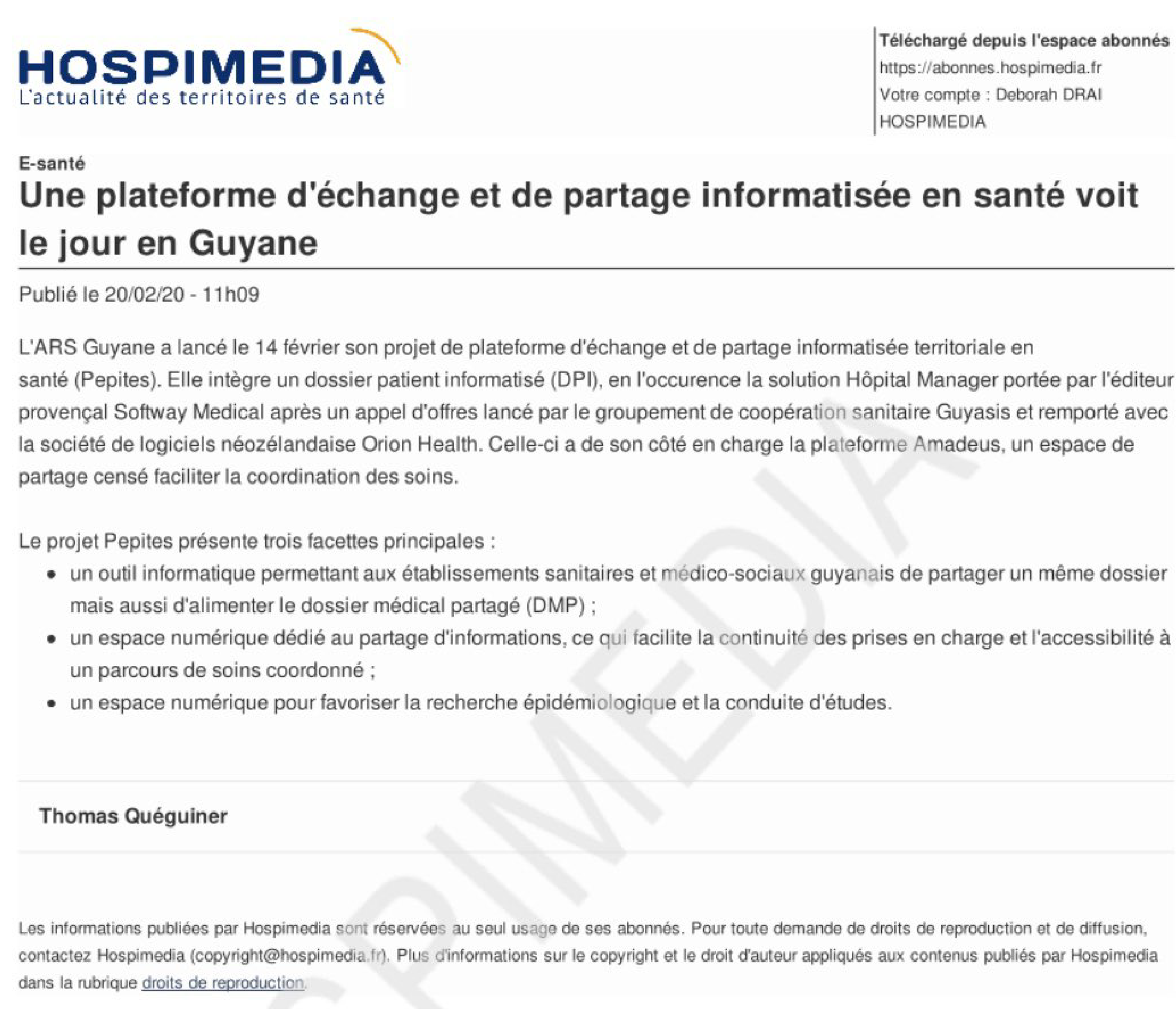 ON PARLE DE NOUS DANS HOSPIMEDIA : UNE PLATEFORME D’ÉCHANGE ET DE PARTAGE INFORMATISÉE EN SANTE VOIT LE JOUR EN GUYANE