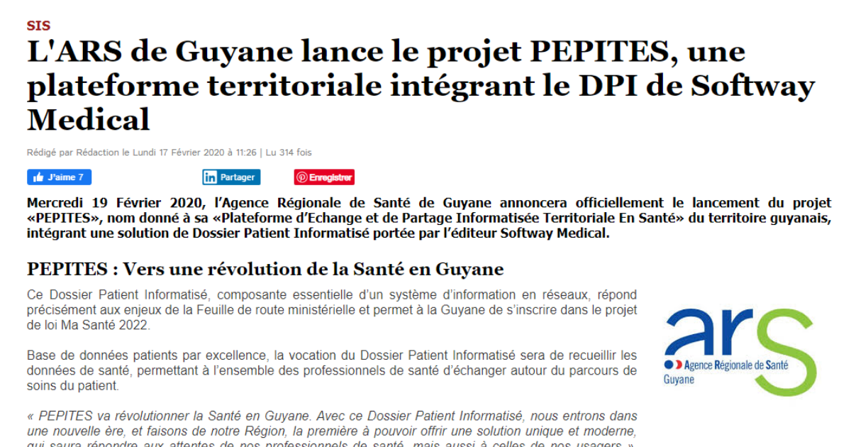 L’ARS de Guyane lance le projet PEPITES, une plateforme territoriale intégrant le DPI de Softway Medical