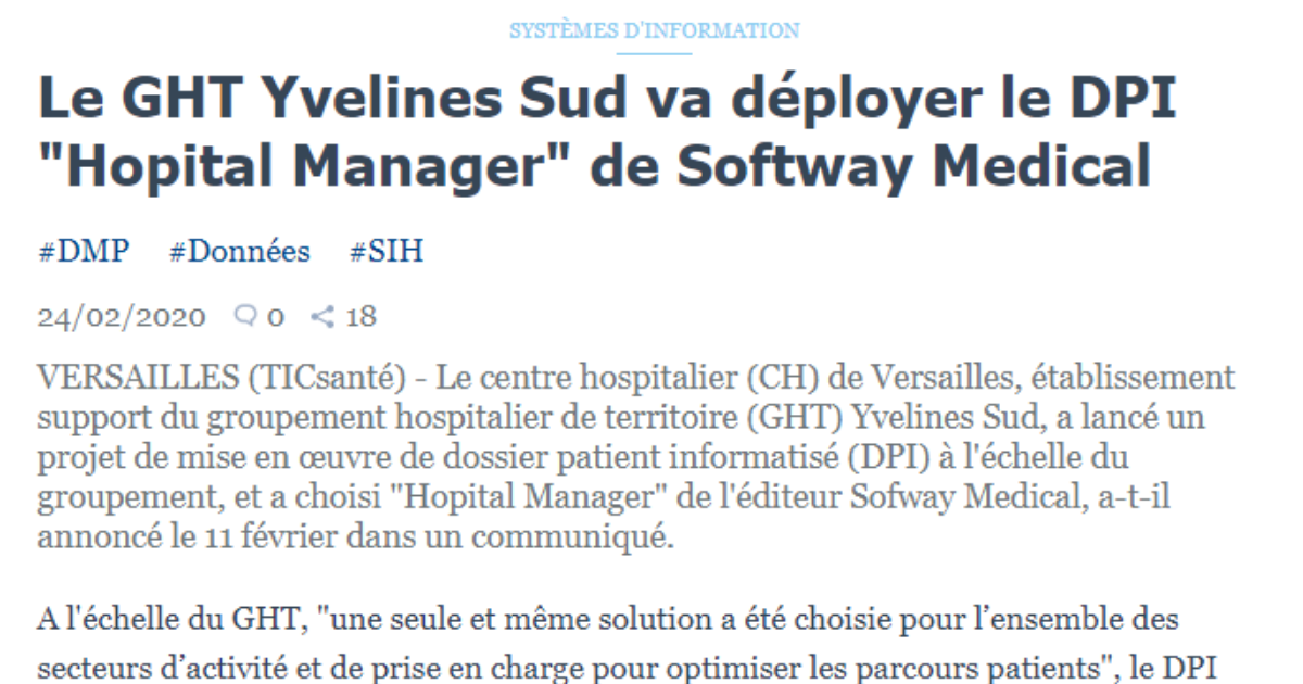 ON PARLE DE NOUS DANS TIC SANTE : Le GHT Yvelines Sud va déployer le DPI « Hopital Manager » de Softway Medical