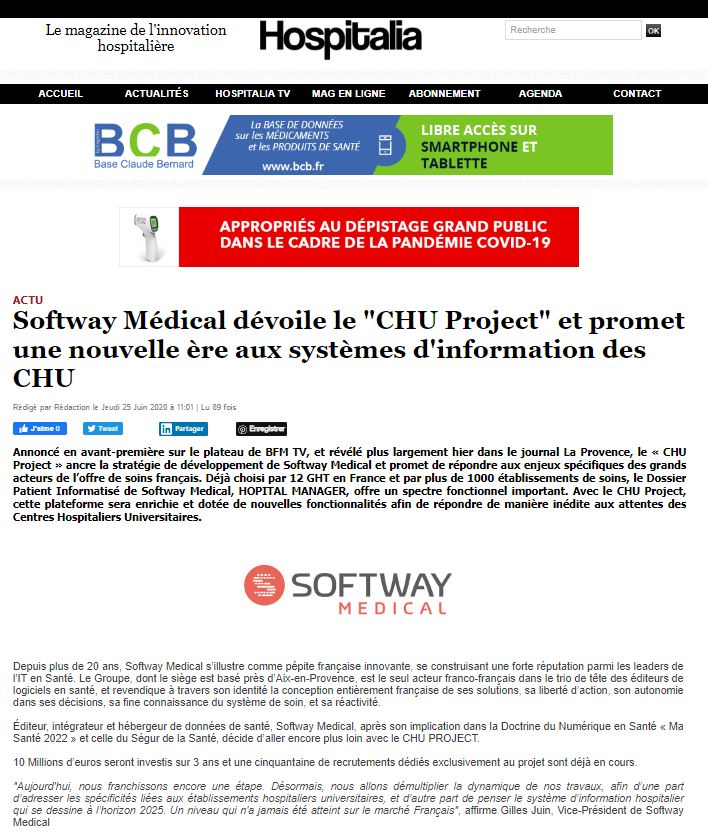 Hospitalia s'empare du sujet CHU Project de Softway Medical