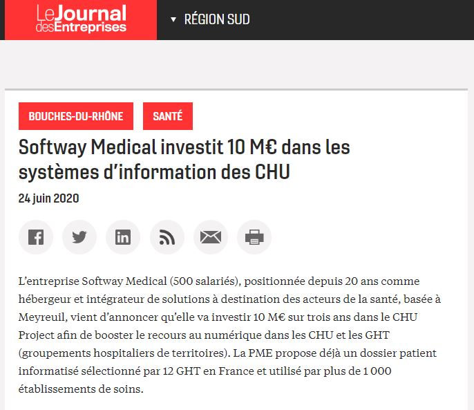 Le Journal des Entreprises s'empare du sujet CHU Project de Softway Medical