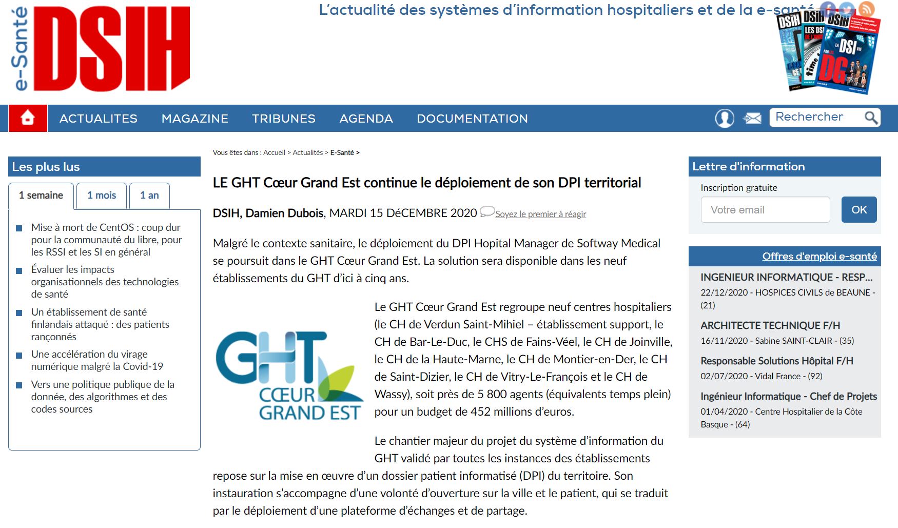 Le GHT Cœur Grand Est poursuit le déploiement de son DPI… DSIH et TecHopital en parlent !